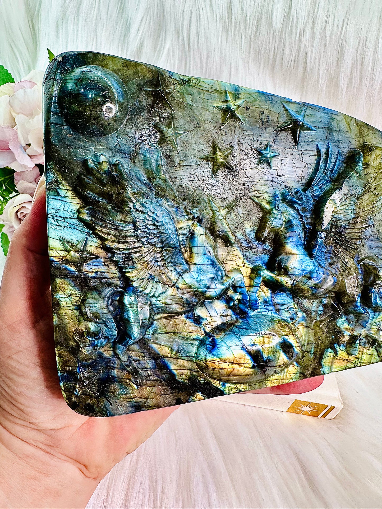 WOW!!! Absolutely Incredibly Stunning Huge Chunky Labradorite Freeform With Carved Flying Unicorns Weighs 1.67KG