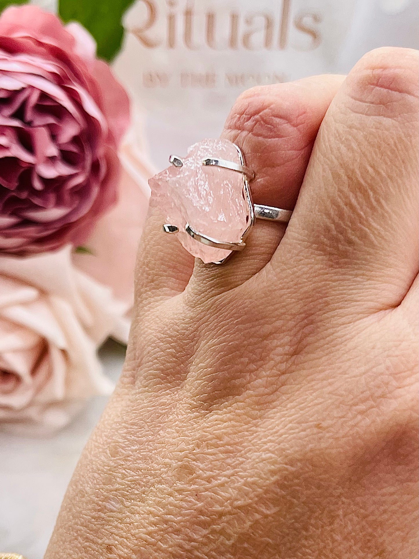 Stunning Adjustable Natural Rose Quartz Silver Adjustable Ring