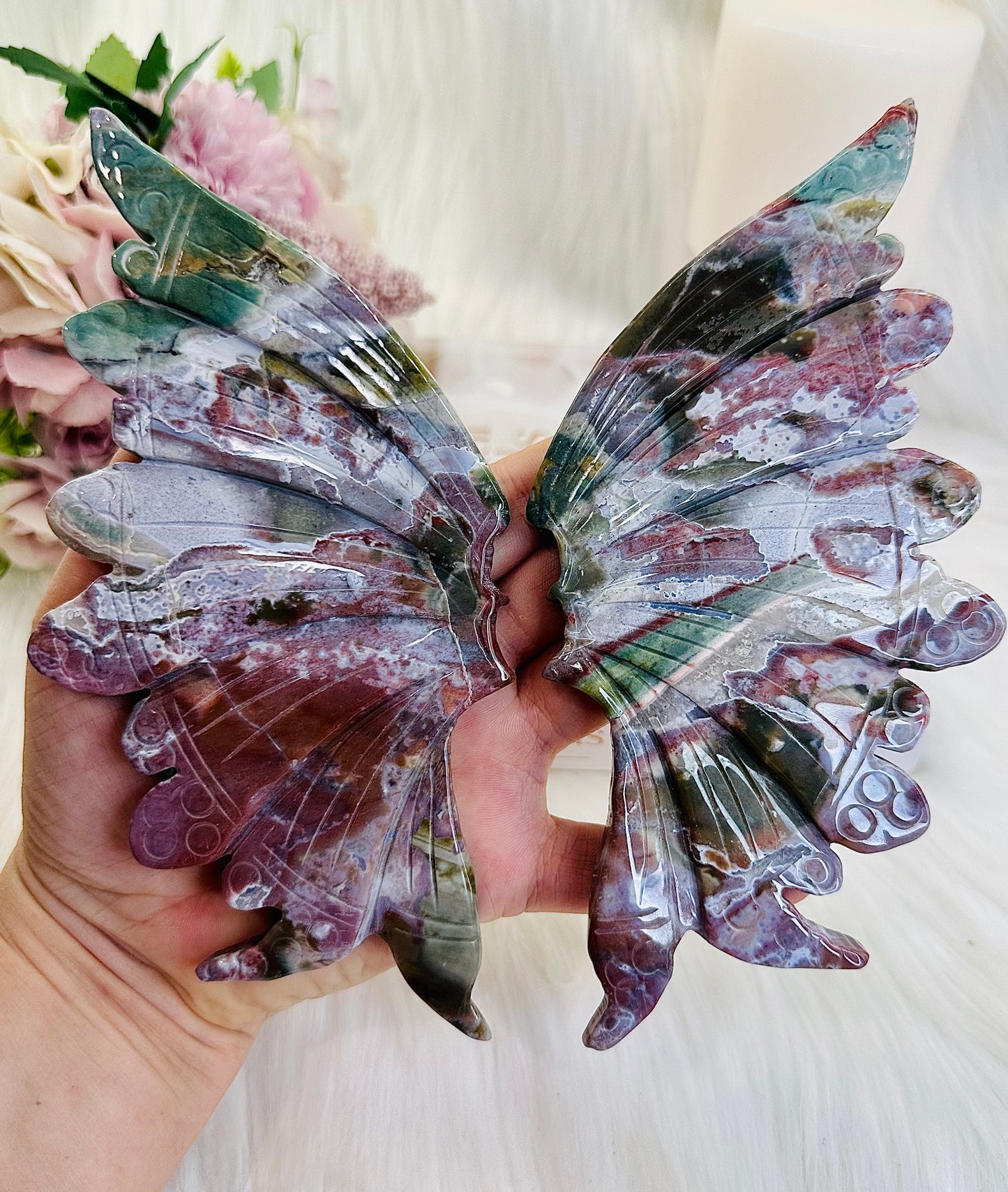 Happiness & Joy ~ Classy & Fabulous Large 27cm Ocean Jasper Butterfly Wings On Stand