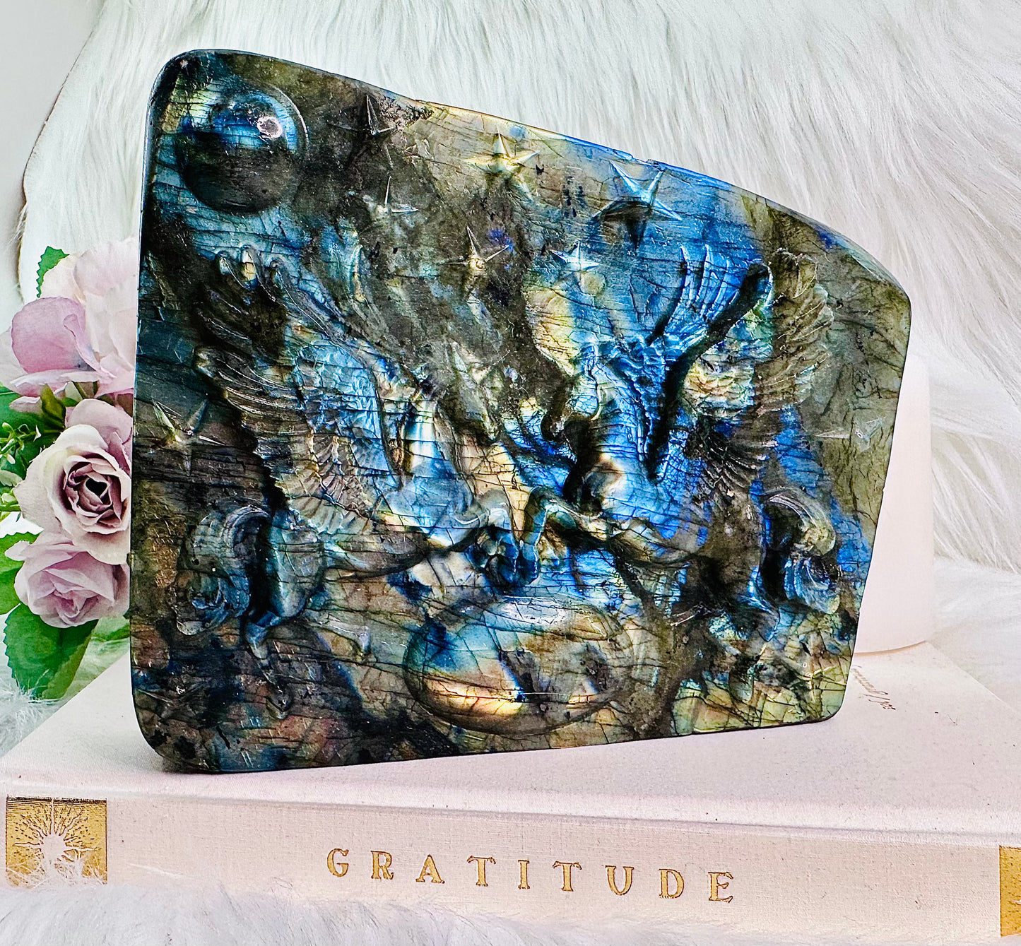 WOW!!! Absolutely Incredibly Stunning Huge Chunky Labradorite Freeform With Carved Flying Unicorns Weighs 1.67KG
