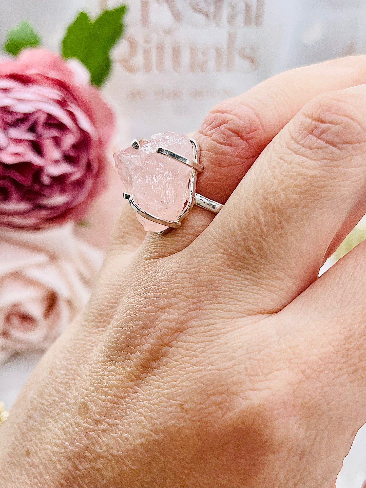 Stunning Adjustable Natural Rose Quartz Silver Adjustable Ring