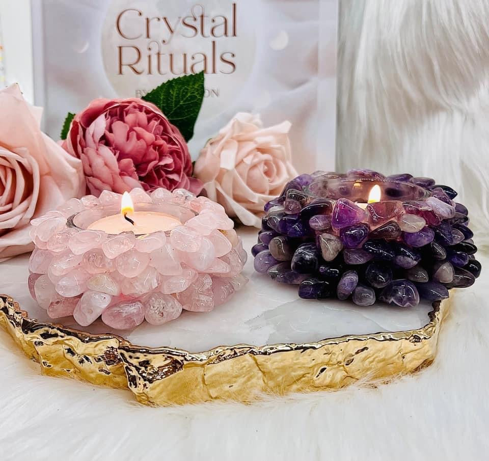 ⚜️ SALE ⚜️Absolutely Gorgeous Resin Filled Amethyst & Rose Quartz Candle Holders Rose $25 each